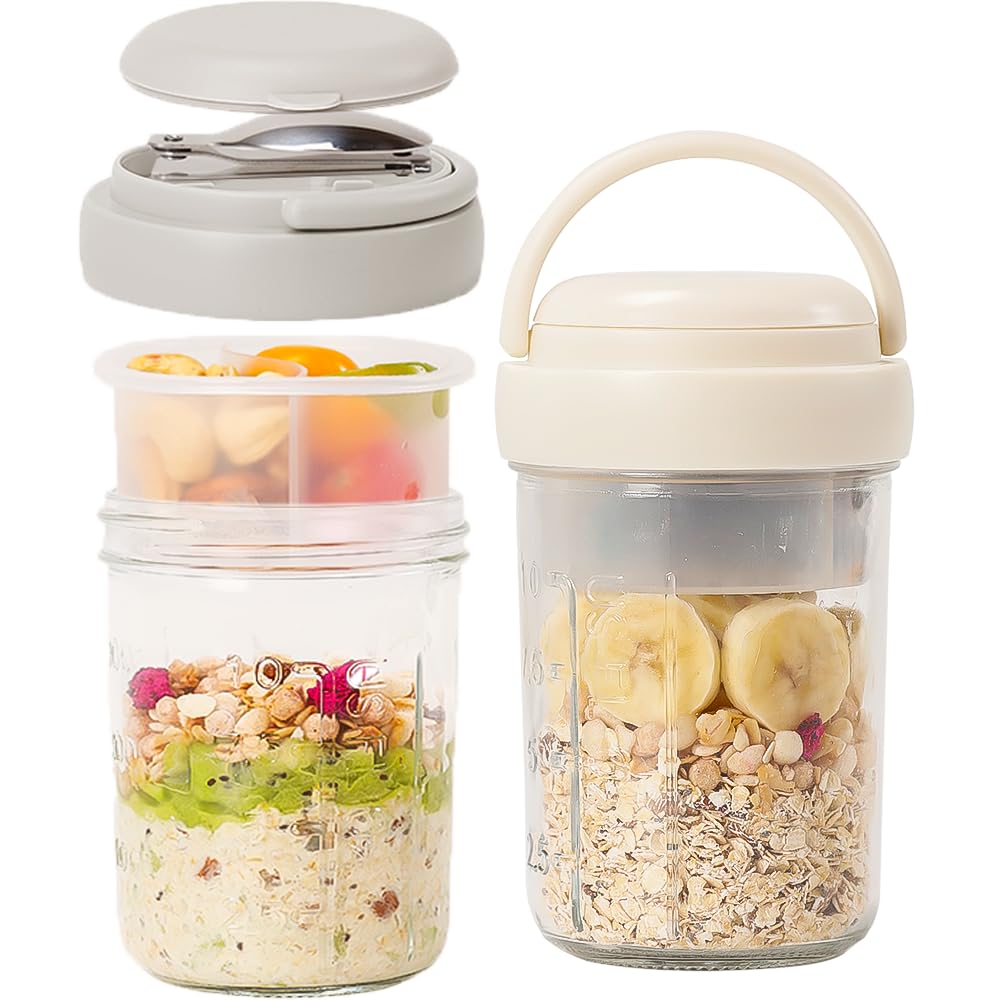 UWILLION 2 Pack Overnight Oats Containers with Lids and Handles, Folding Spoons & Divided Compartments for Fruit & Nuts, 16oz Glass Mason Jars for Oatmeal, Meal Prep & Breakfast (Cream/Gray)