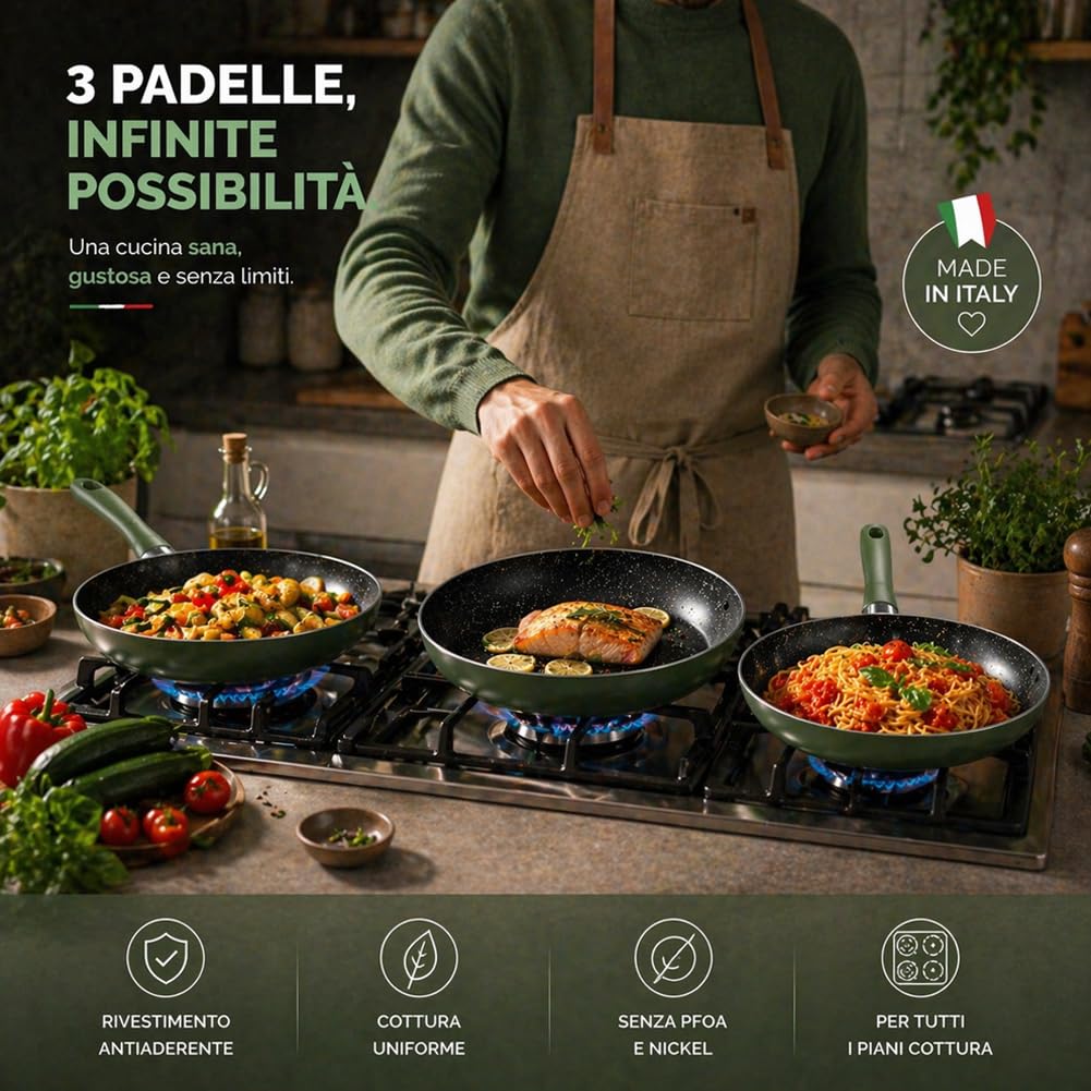 BAKAJI Tris Padelle Natura Più Antiaderenti Diametro 20/24/28 cm con Manico Cool Touch e Rivestimento Antiaderente Senza Grassi, Cottura Omogenea, Ideale per Carne, Pesce, Pasta