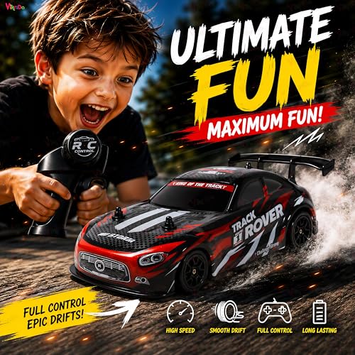 Image of VikriDA High Speed Remote Control Racing Car, Red RC Rapid Drift | 5 Channel, Rechargeable, Simulation Mist Spray, Light