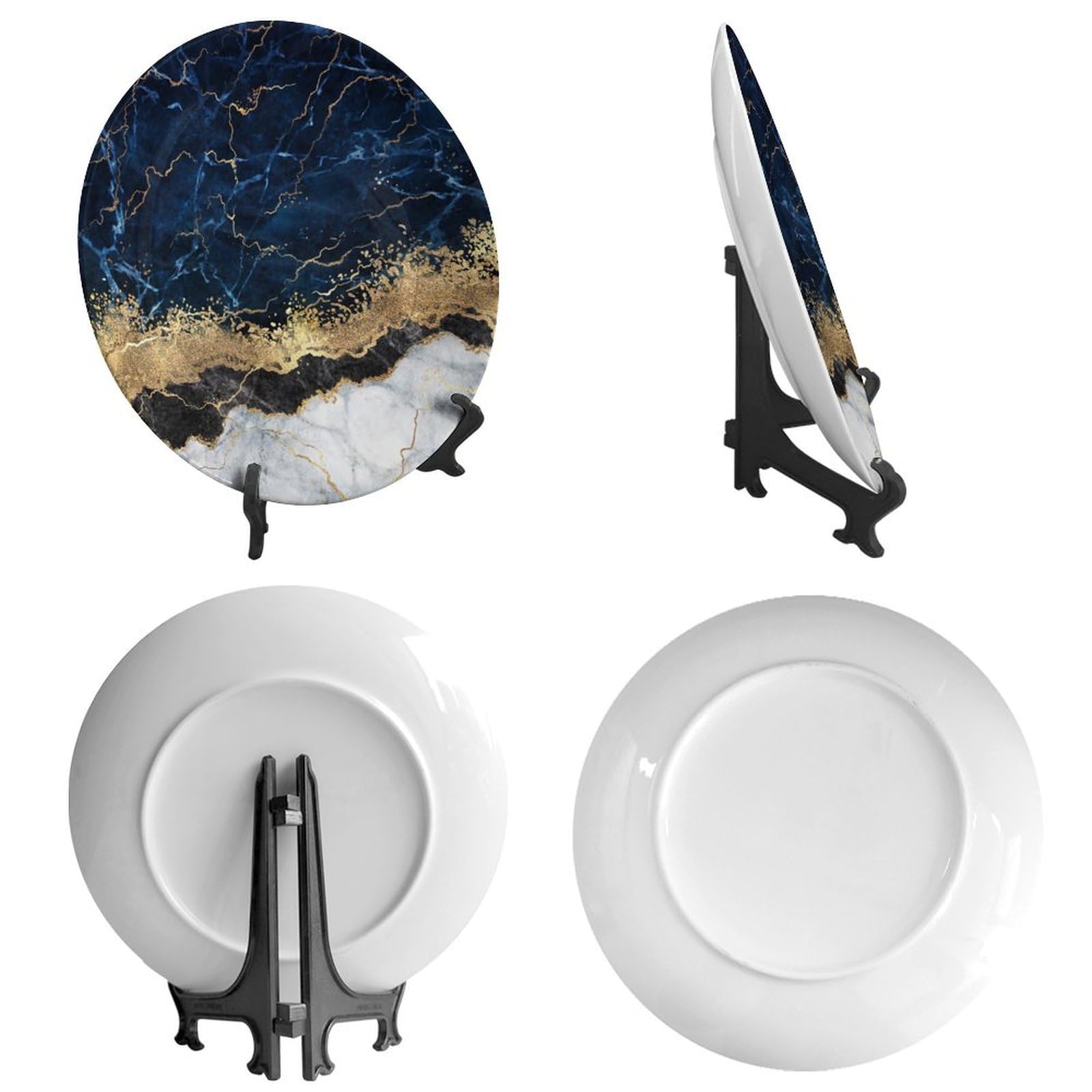 Dekorative Keramikteller, 20,3 cm, abstrakter weißer blauer Marmorhintergrund, runde Displayplatte, Tischplatte, Dekoration mit Ständer, für Wandbehang, Wohnzimmer, Badezimmer, Dekoration,