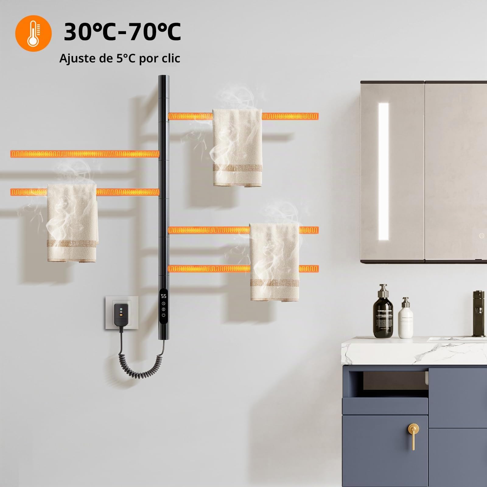 Toallero Electrico Baño, Rotación de 180° Radiador Toallero Electrico, 675x415mm, Secatoallas, Calentador de Toallas, Toallero Baño Radiador, Temperatura Ajustable, Bajo Consumo, Impermeable-Black