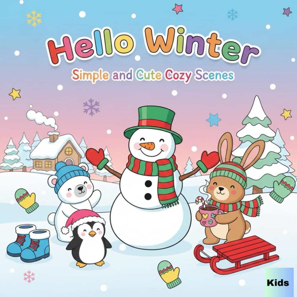 Hello winter simple and cute cozy: Bold & Easy Winter Coloring Pages for Little Kids