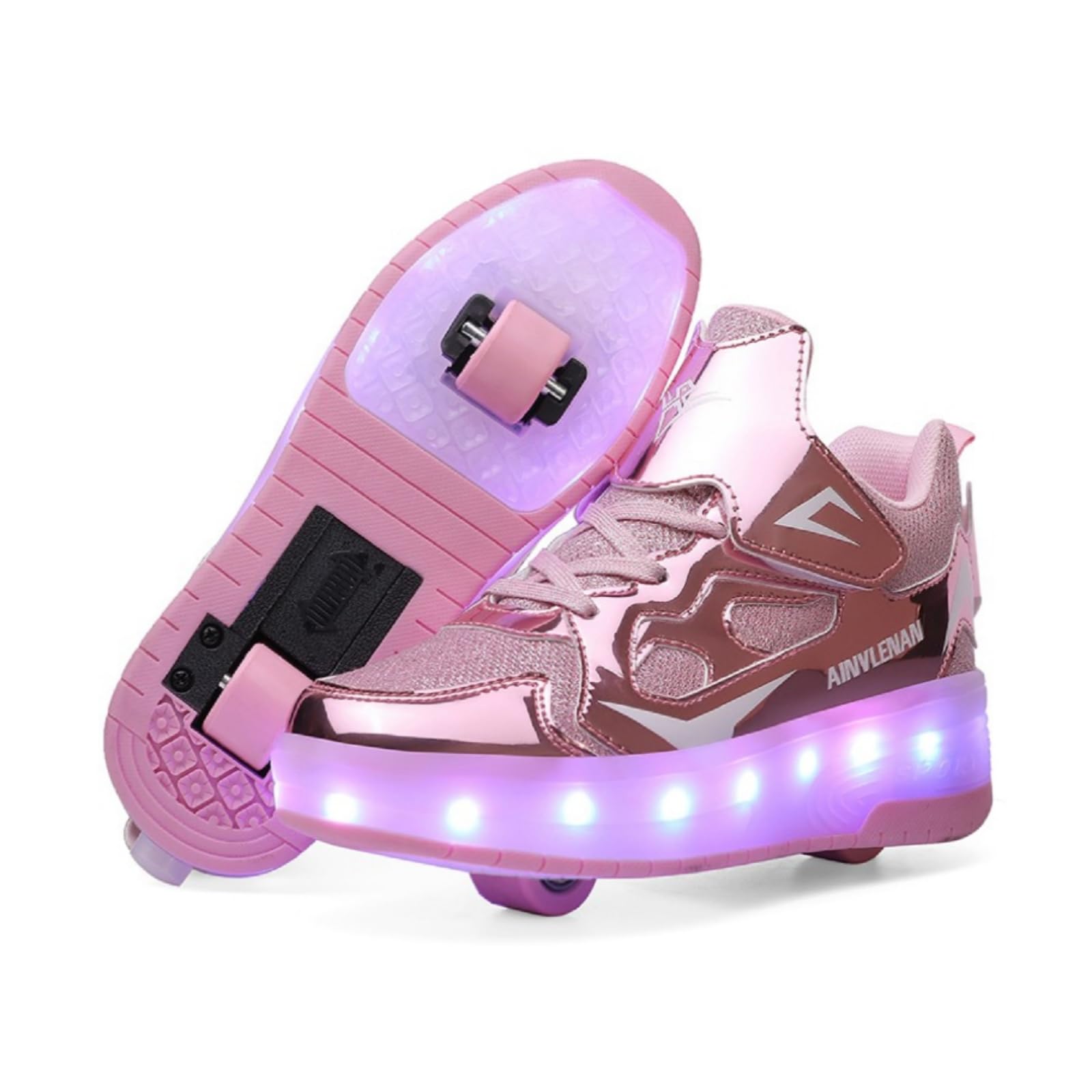 Dziecięce sneakersy, 2-wiel skateboard schoenen, verstelbaar kleurveranderend licht, USB-oplaadbaar, universeel voor jongens en meisjes, zwart, roze, goud, zilver, maat 27-40 EU