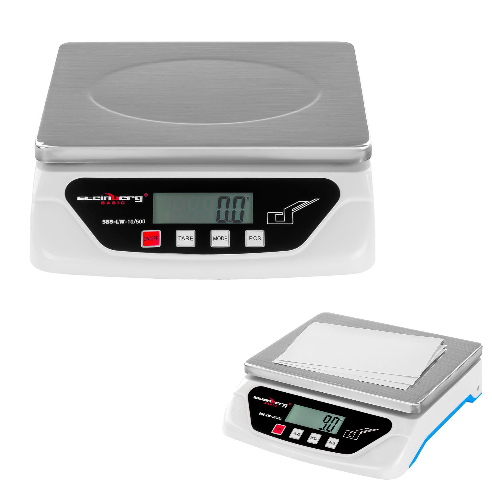 Steinberg BASIC SBS-LW-10/500 Bilancia Elettronica Bilancia Digitale Pesalettere (10 kg / 0,5 g, Schermo LCD Retroilluminazione, Alimentazione 2 Batterie AA o Adattatore AC/DC ADAPTER 6V) Argento