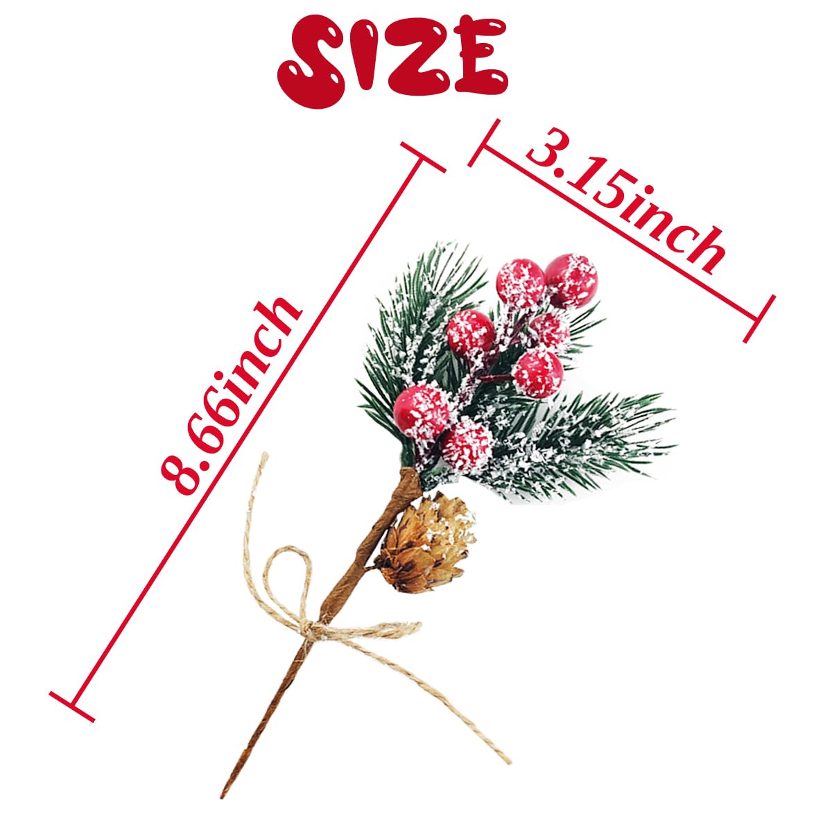 TIHOOD Künstliche Weihnachtsblumen-Plektren, 20,3 cm, rote künstliche Beeren-Plektren, Tannenzweige mit Tannenzapfen, Stechpalmenblätter für Vase, Blumenarrangement, Kranz, Winterferien, Dekoration,