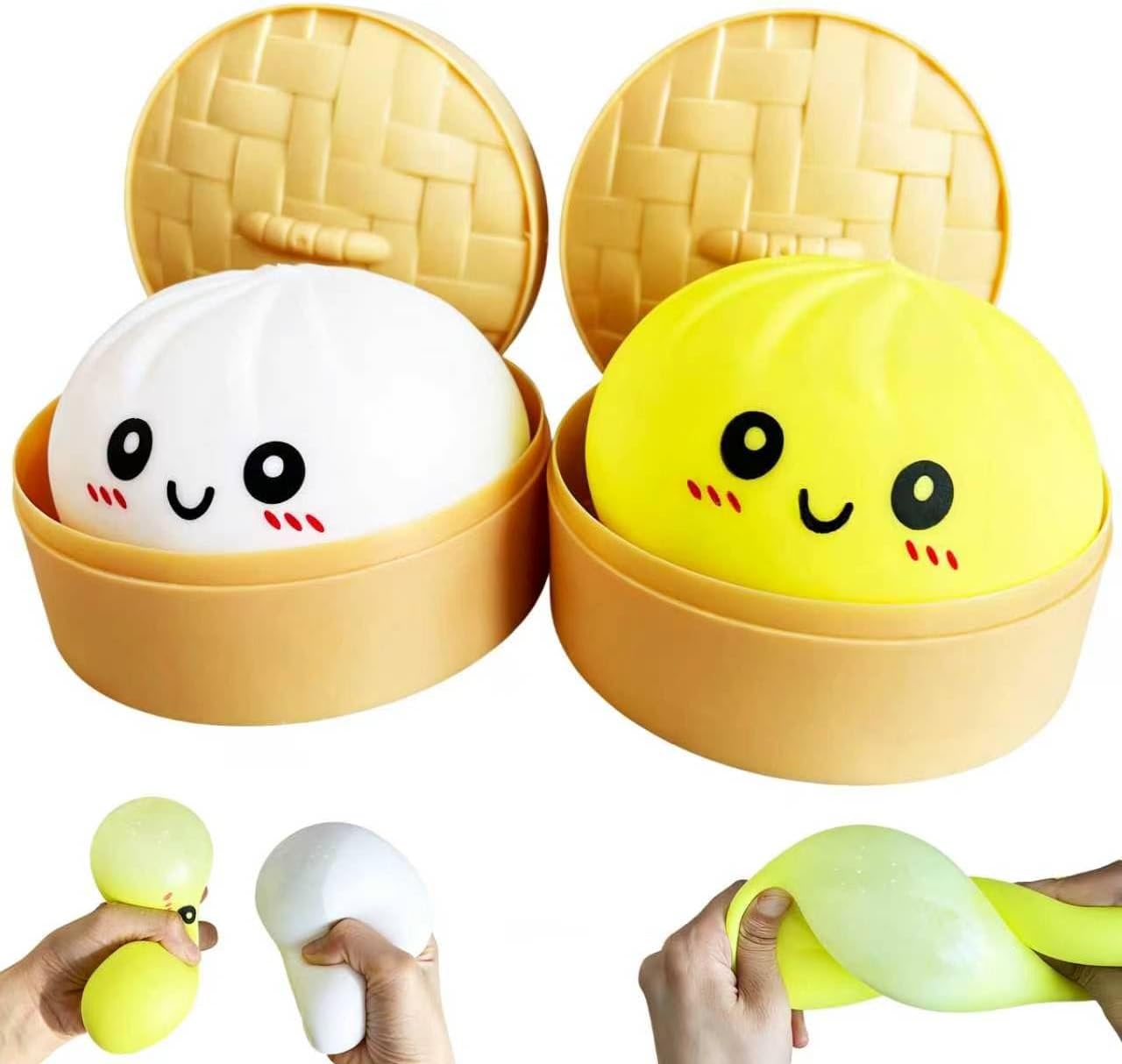 2Pack Dumpling Squishies Toy with Steamer,Colorful Slow Rising Stress Ball,Stretchy Fidget Sensory Toy for Anxiety Relief,Perfect Easter Basket Stuffers for Kids and Adults(White + Yellow)