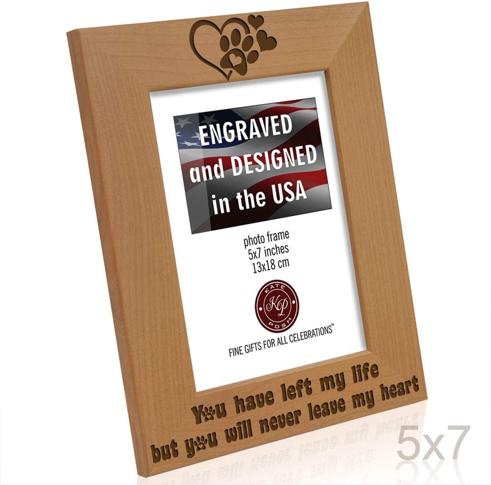 KATE POSH You Have Left My Life, but You Will Never Leave My Heart Natural Wood Engraved Picture Frame, Paw Prints on My Heart Memorial Gifts for Cat or Dog, Pet Sympathy Memory Gift (5x7 Vertical)