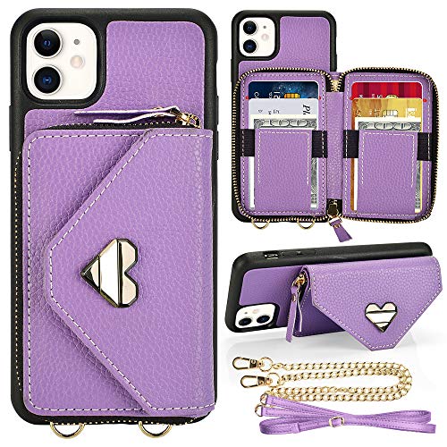 iPhone 12 Pro Wallet Case, JLFCH Crossbody Case for iPhone 12 and iPhone 12 Pro with Zipper Card Holder Wrist Strap Crossbody&Shoulder Purse Style Cover for Women Girl, 6.1 inch - Light Purple