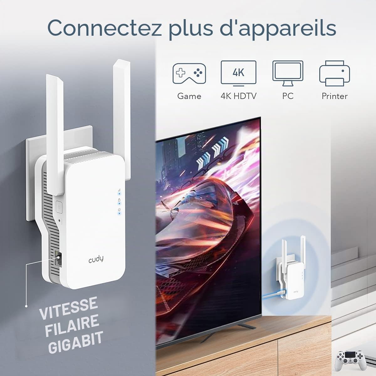 Cudy RE1800 AX1800 Gigabit Mesh Wi-FI 6 Prolongateur/Booster, Répéteur Double Bande Jusqu'à Une Vitesse de 1,8 Gbps