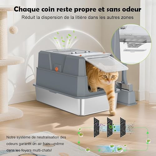 SZEE XL Stainless Steel Cat Litter Tray with 180° Hinged Lid, Large Closed Cat Litter Tray Stainless Steel with Lid, 58.3 x 37.1 x 37.5 cm, Dark Grey - 6