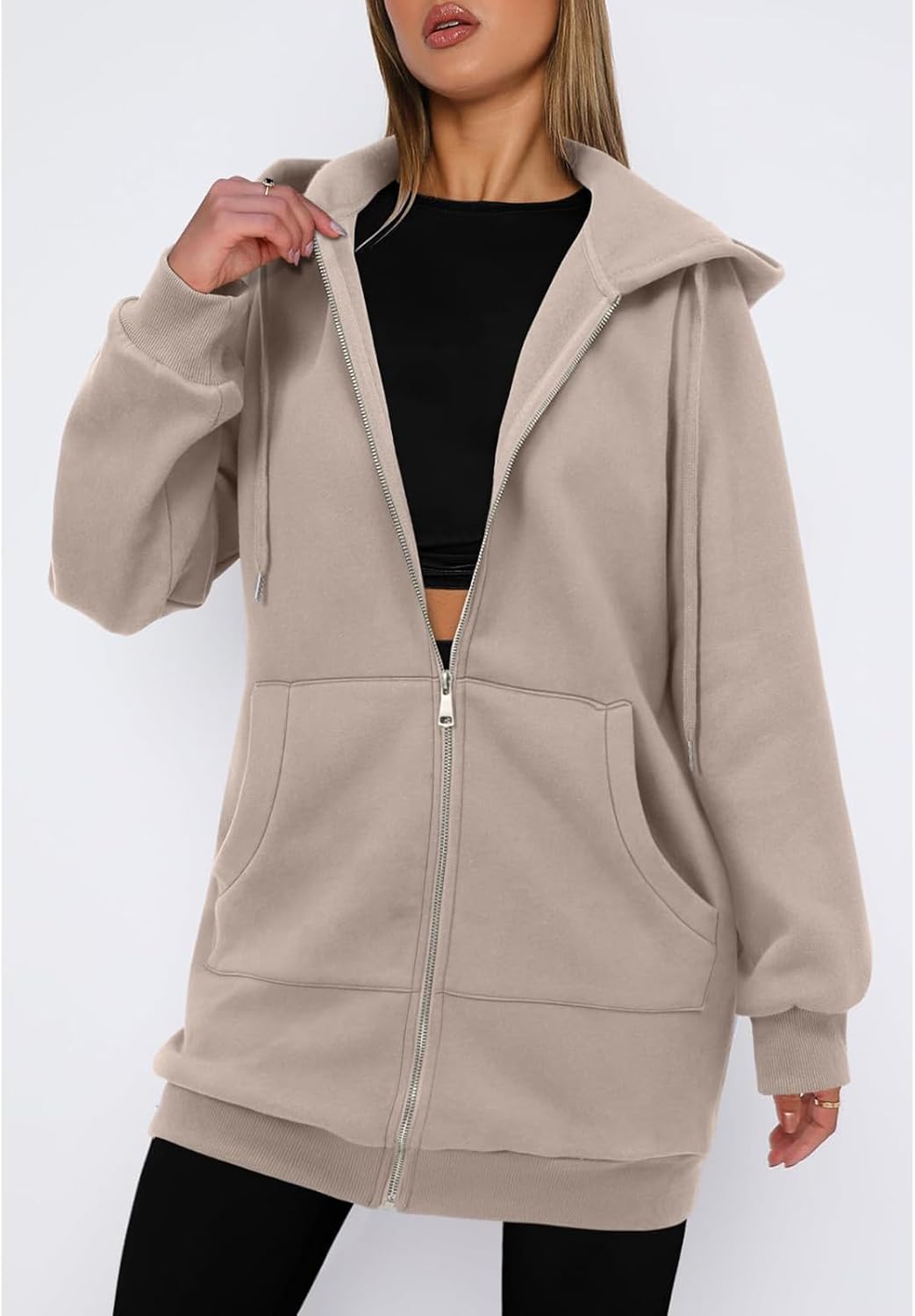 Zip Up Hoodies for Women Long Sleeve Oversized Drawstring Hooded Sweatshirts Casual Solid Color Jackets with Pocket S-2XL Khaki