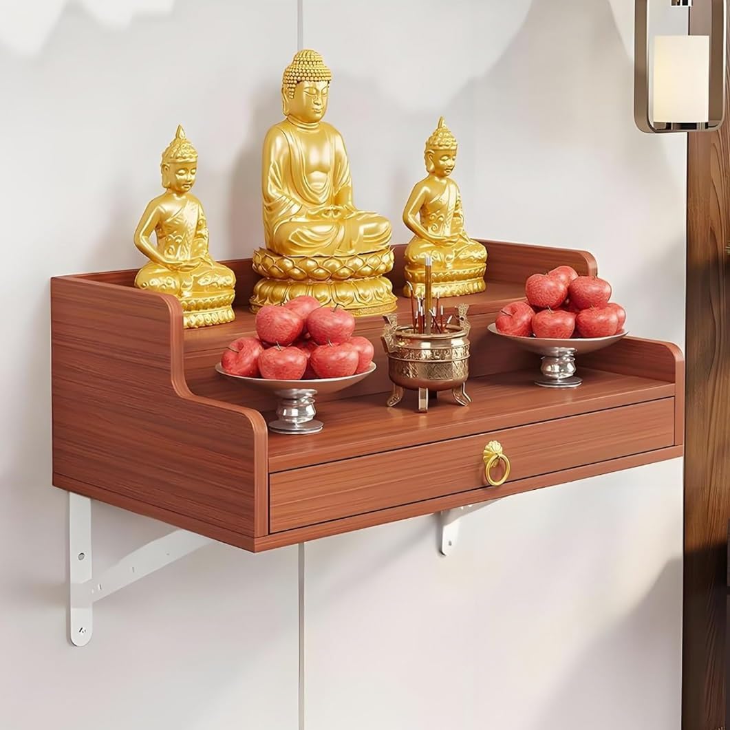 YVYKFZD Wall-Mounted Shrine Altar Table, Personal Buddha Niche Altar Cabinet, Chinese Meditation Table with Storage Drawer, Small Offering Tables for Puja, Prayers(Teak,30cm/11.8")
