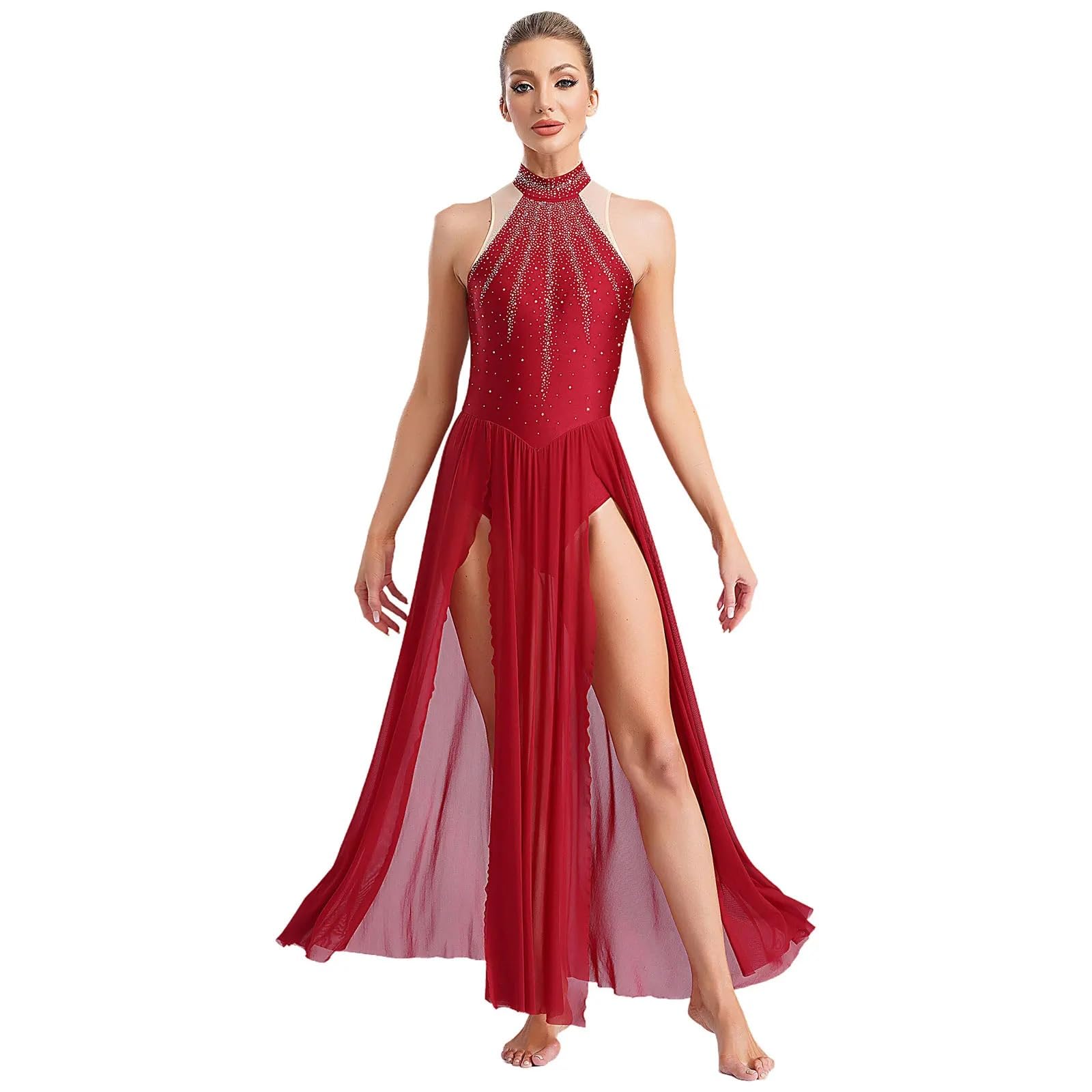 Kostüme für Lyrischen Tanz Lyrisches Tanzkleid, glänzendes Dimonds-Ballett-Trikot, Geteilte Maxiröcke, modernes, zeitgenössisches Ballsaal-Kostüm for Damen