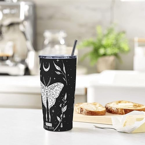 Miniatura 7 de SUPLUCHOM Vaso aislado de 20 onzas con tapa y pajita, de acero inoxidable, con diseño de mariposa, color negro, mágico, taza de viaje a prueba de