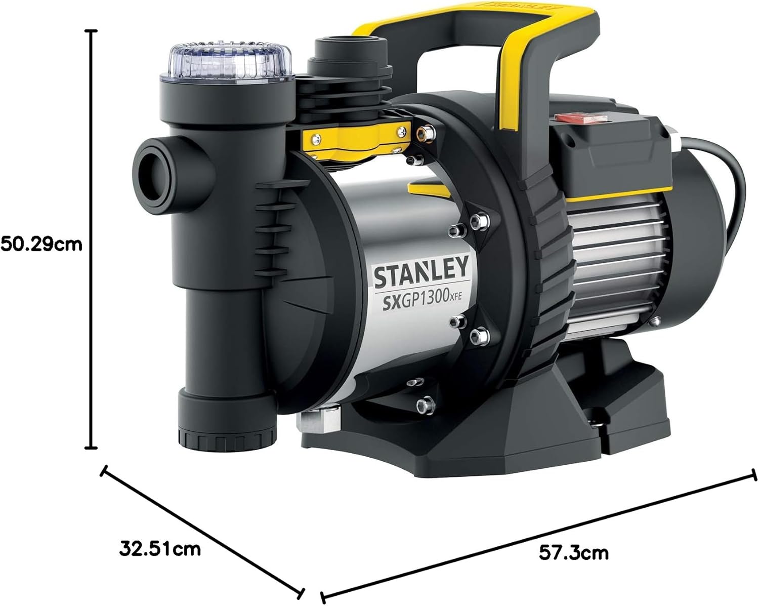 Diagram showing the dimensions of the Stanley SXGP1300XFE pump: 50.29cm length, 32.51cm width, 57.3cm height