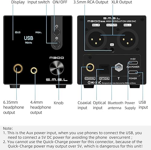 Miniatura 4 de S.M.S.L Amplificador de auriculares HiFi M300SE mejorado, 2 piezas de CS43131 MQA Audio DAC, entrada USB/óptica/coaxial/Bluetooth DSD MQA XMOS