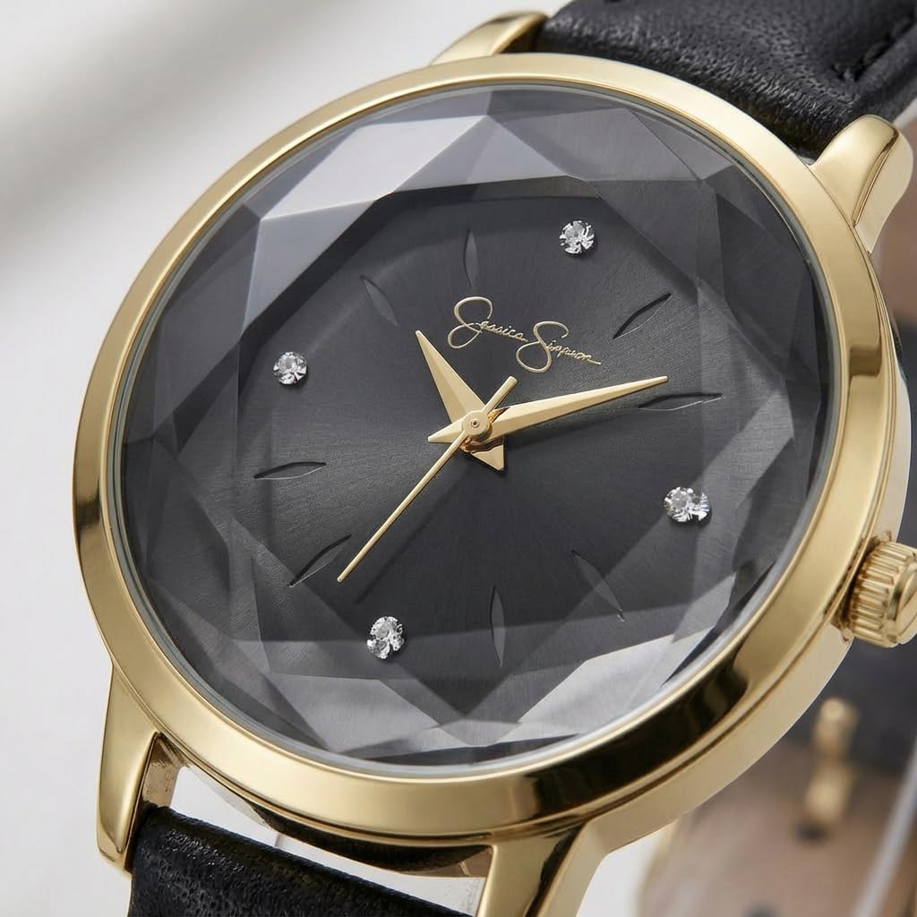 Jessica Simpson Women's Leather Band Watch, Round Faceted Crystal Dial, Classic Quartz Movement, Elegant Dress Watch for Women - Image 2