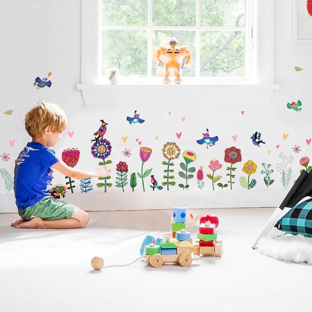 WandSticker4U®- Wandtattoo Kinderzimmer BLUMEN bunt groß (193x95 cm) I Wandsticker Kinderzimmer Blumen Wiese Wilde Blumen Frühling I Wandaufkleber Kinderzimmer Deko Mädchen Junge Möbelsticker XXL