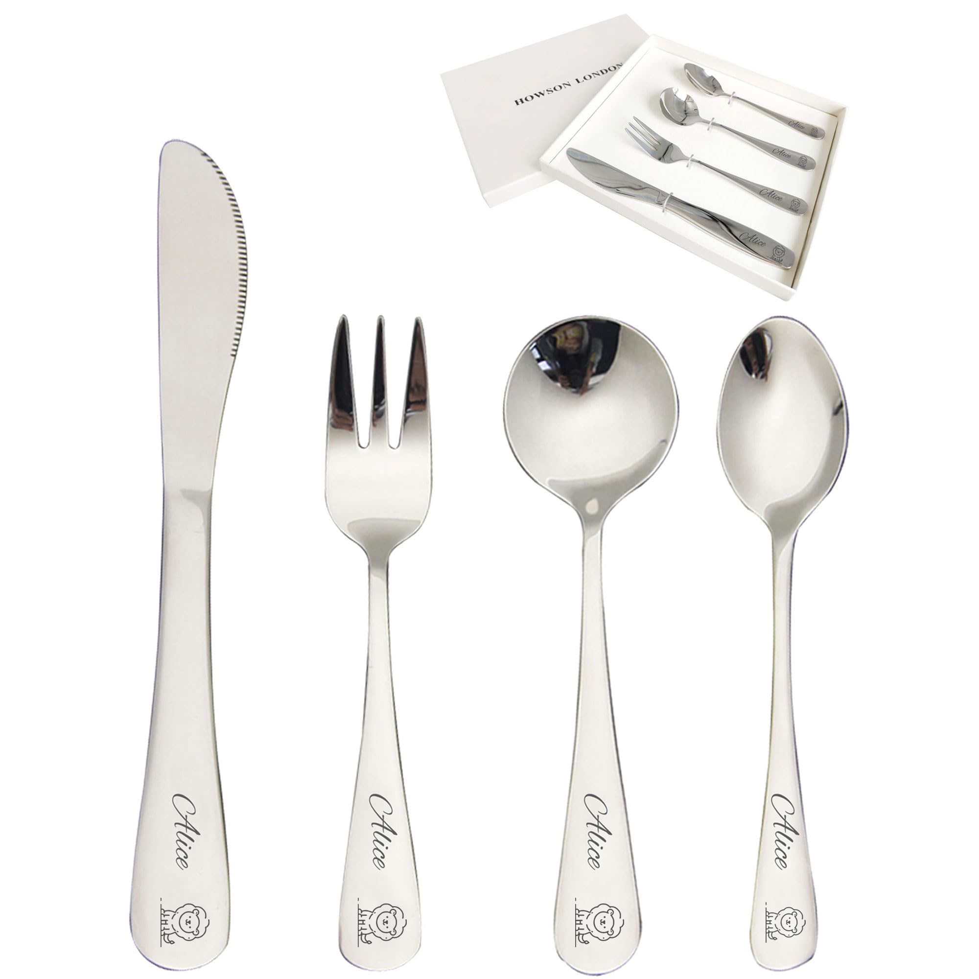 Personalized Cutlery Set for Kids Children Toddler Cutlery 4pcs Engraved Knife Fork Spoon Stainless Steel Cutlery Set Christening Christmas Gifts for Boy Kids Girls Cutlery Gifts (Lion)