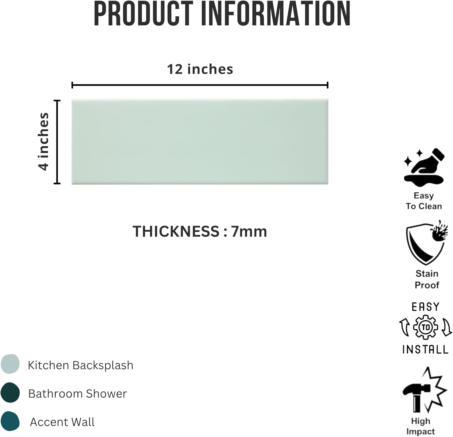 Tenedos Mint Breeze Glossy Ceramic Subway Tile 4x12 in for Kitchen Backsplash Bathroom Wall Shower Surround Fireplace Accent Modern Design Easy Install Water Resistant Surface