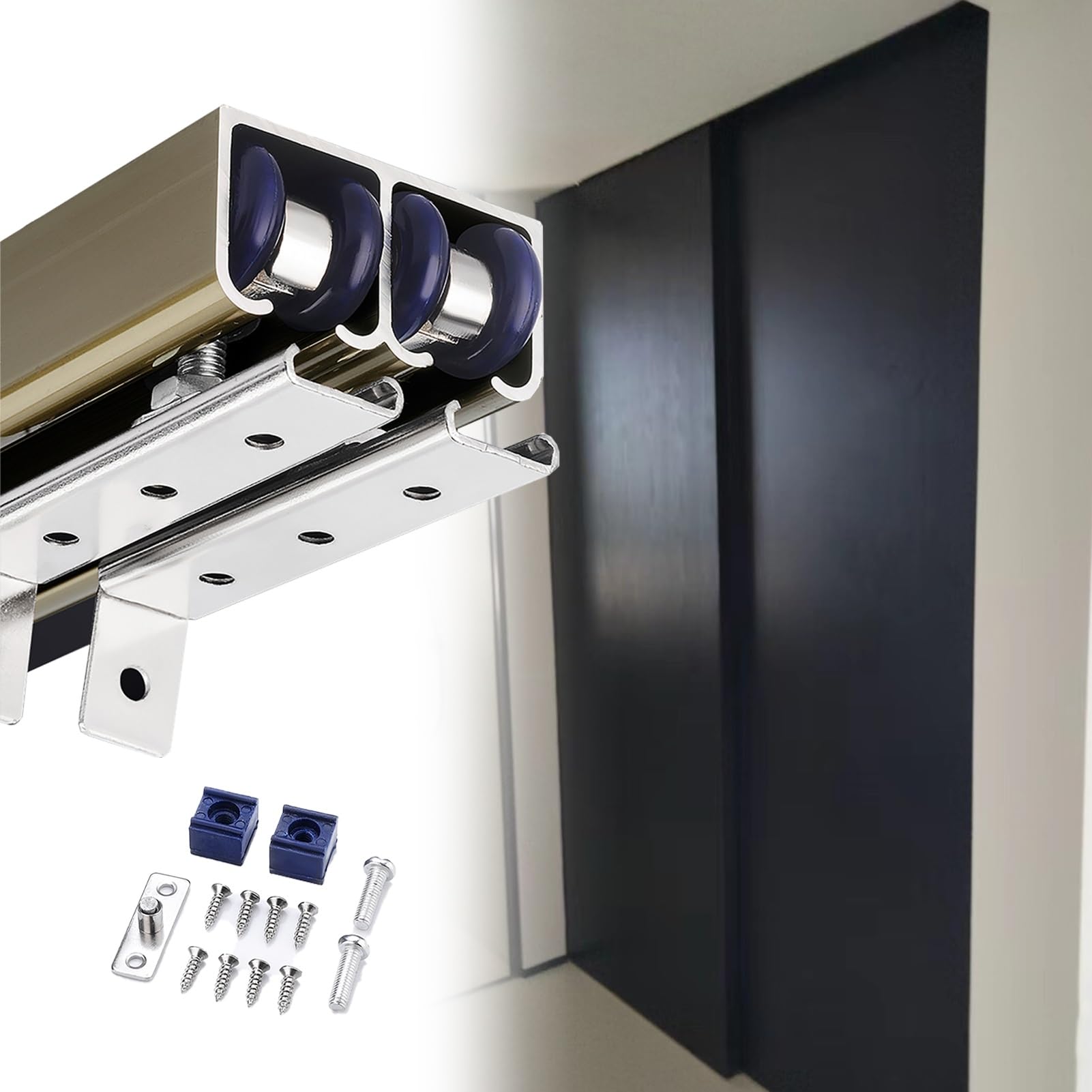 EBZFASO Sliding Door Track, Aluminium Sliding Door Track 2 18-24mm Bypass Pocket Hardware Lengths(Champagne,2.1m/6.9ft)