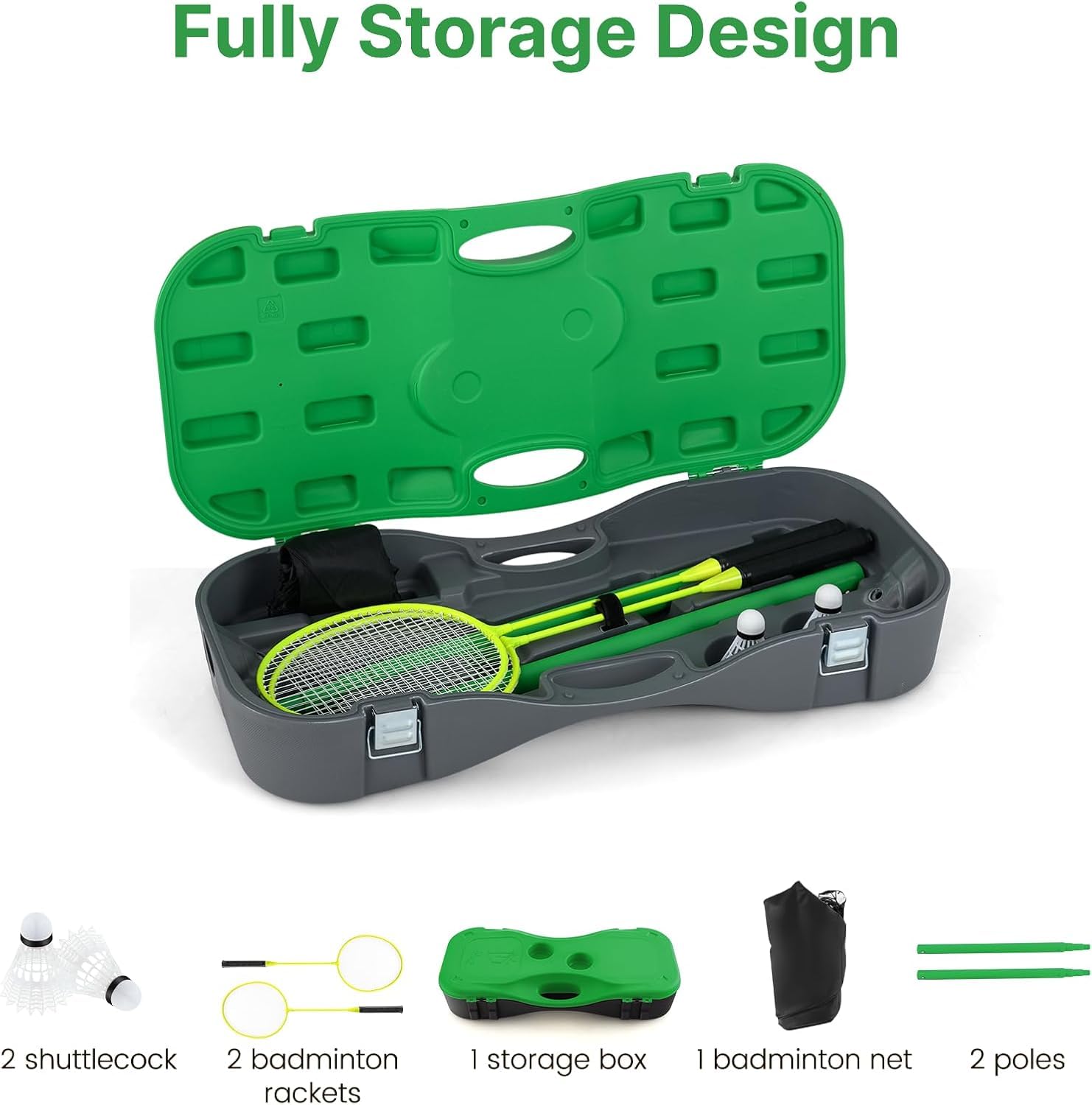 Tragbares Badminton-Set, Faltbares Badmintonnetz | Mit Freistehendem Ständer, 2 Badmintonschlägern, 2 Federbällen, Für Indoor- Und Outdoor-Spiele Green 270 X 33.5 X 160 cm