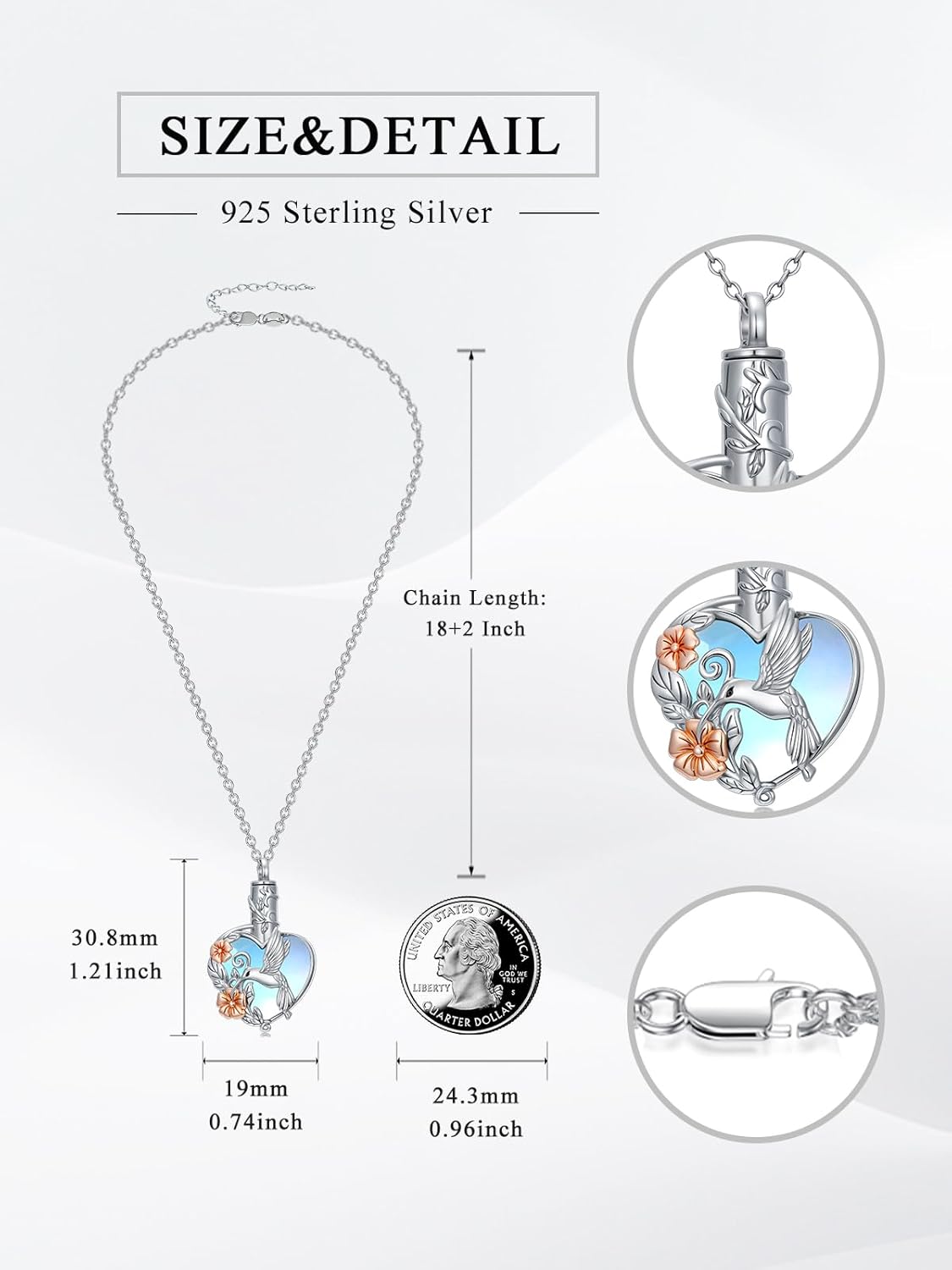 Dorunmo Cremation Jewelry for Ashes S925 Sterling Silver Hummingbird Urn Necklace Memorial Necklace for Human Ashes of Loved Ones Keepsake Locket Pendant - Image 5