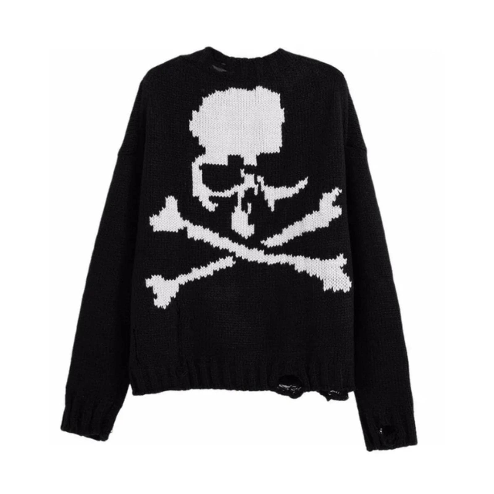 Choux Men's Black Knitted Sweater Skull Ripped Print Sweaters Vintage Casual Oversized Pullover Streetwear Spring Autumn Couple-,S