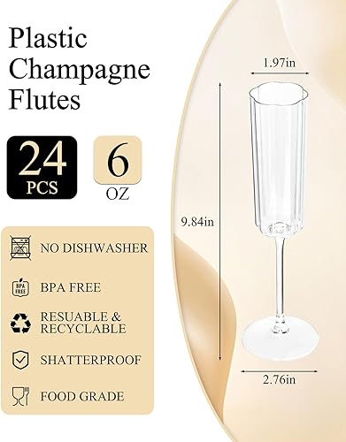 Miniatura 2 de Ciaell 24 Pack Plastic Champagne Flutes - 6 Oz Flower Wavy Champagne Plastic Glasses - Heavy Duty Vintage Disposable Flutes for Party & Anniversary