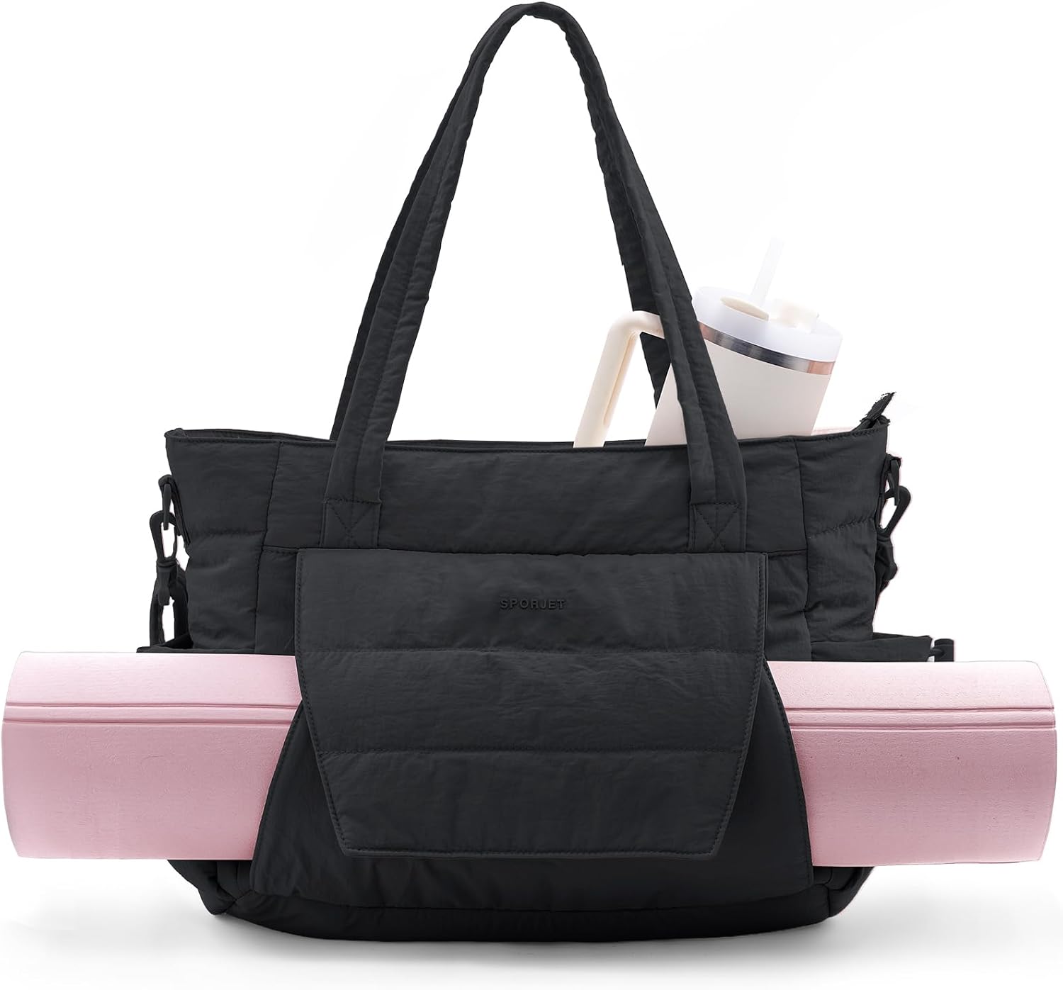 Yoga Tote Bag for Women with Yoga Mat Holder & Luggage Sleeve, Large Pilates Gym Bag with 16″ Laptop Compartment, Lightweight Puffer Quilted Travel Tote with Water Bottle Pockets for Work