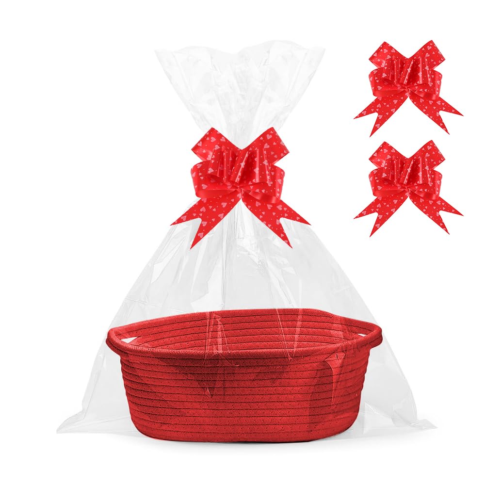 Hojalis Gift Basket, Woven Rope Basket with Cellophane Bags & Pull Bows, Woven Storage Baskets with Handles, Empty Hamper Baskets for Baby Shower, Wedding, Birthday, Easter, Christmas(Red)