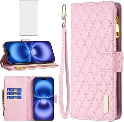 Asuwish Phone Case for iPhone 16 6.1 inch Wallet Cover with Tempered Glass Screen Protector and Leather Flip Credit Card Holder Stand Cell Accessories Kickstand i Phone16 i16 16Case Women Girls Pink