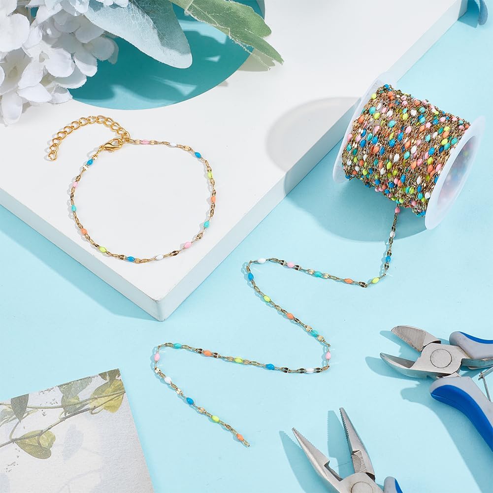 NBEADS 19.69 Feet Enamel Jewelry Making Chain, 316L Stainless Steel Dapped Colorful Beaded Cable Lip Link Chain Roll with Spool for DIY Bracelet Necklaces Pendants Making Accessories, Golden - Image 4