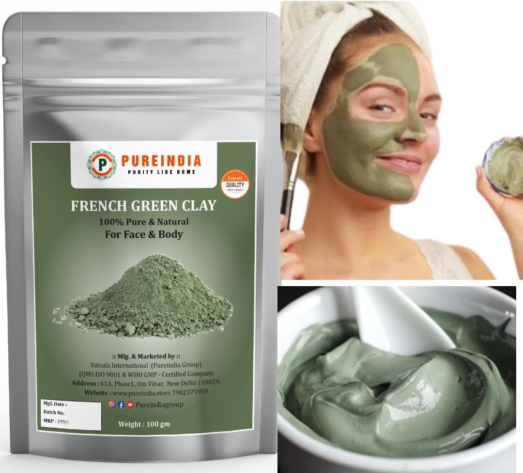 French Green Clay Powder 100gm, Face Masks, Face Scrubs, Body Cleansers| Natural Mask Powder For All Skin Types |Pack of-1, Skin Toning, Skin Ferming,Maintain Skin elasticity.