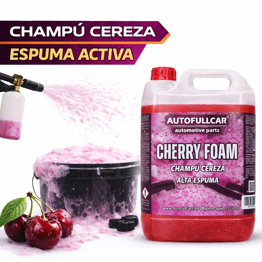 AutoFullCar Cherry Foam 5 Litros, Champu Espuma Activa Coche Rosa, Limpiador Alcalino Alta Concentracion, Lavado Carroceria, Uso con Lanza Foamer o Cubo, Encapsula Suciedad