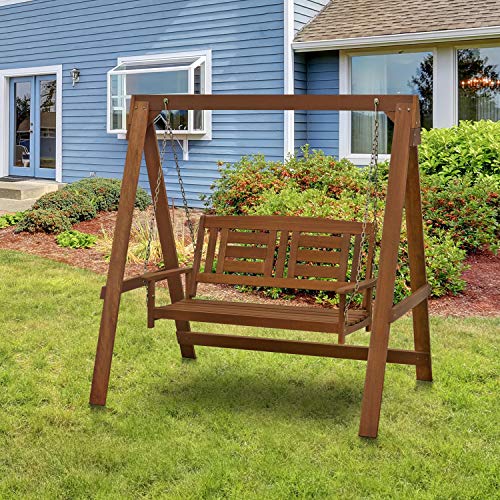 Furinno Tioman Hardwood Patio / Garden / Outdoor 4Ft Porch Swing, 2 Seater With Stand, Natural #TOP2