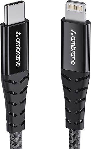 Ambrane Type-C to Lightning USB Cable, 22.5W Fast Charging, 480Mbps Data Sync Cable Compatible with iPhone, iPad, Macbook, iMac, AirPods, 1.25m (ABTL-125 Black)