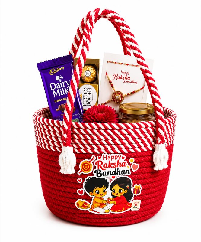 Image of BROOM Raksha Bandhan Gift Hamper Basket, Handmade Red Cotton Rope Storage Basket with Handle Decorative Organizer for Chocolates, Dry Fruits, Return Gifts, Home Decor & Festive Celebration (Red)