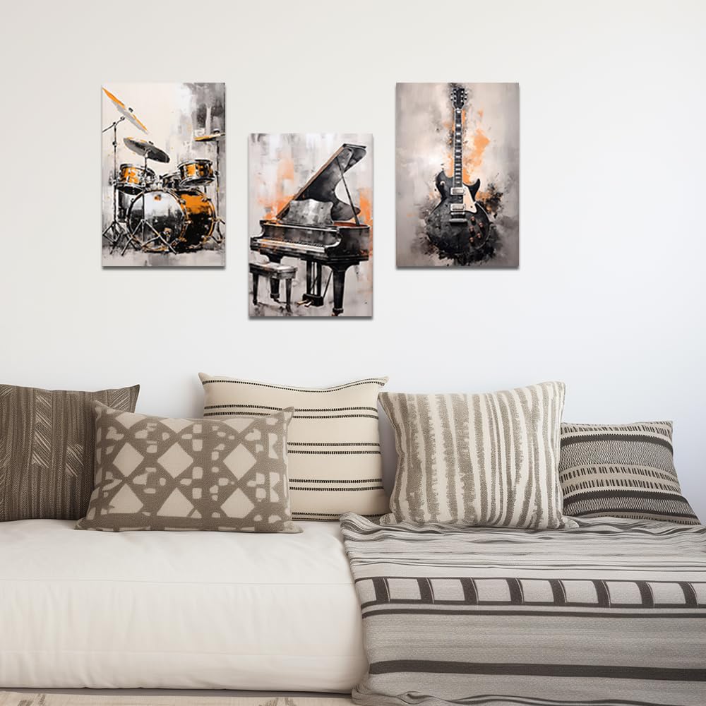 ZQQART, set di 3 stampe su tela con strumenti musicali astratti - Pianoforte, Chitarra, Batteria - Quadri per negozio di musica, decorazione da parete (40,6 x 60,9 cm, 3 pezzi)