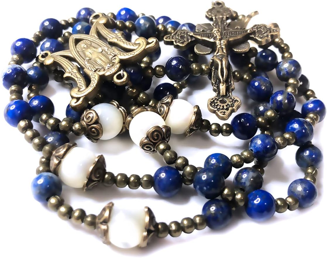 Catholic Heirlooms Virgin Mary Our Lady of Graces Blue Lapis & Mother of Pearl Stone Rosary Beads Catholic Women's Rosary Necklace - Image 3