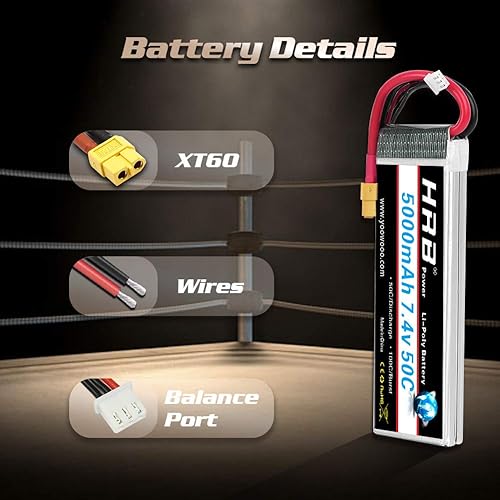 Miniatura 3 de HRB 7.4V 5000mAh 50C XT60 Lipo Batería Compatible con RC Car RC Plane RC Truck RC Boat