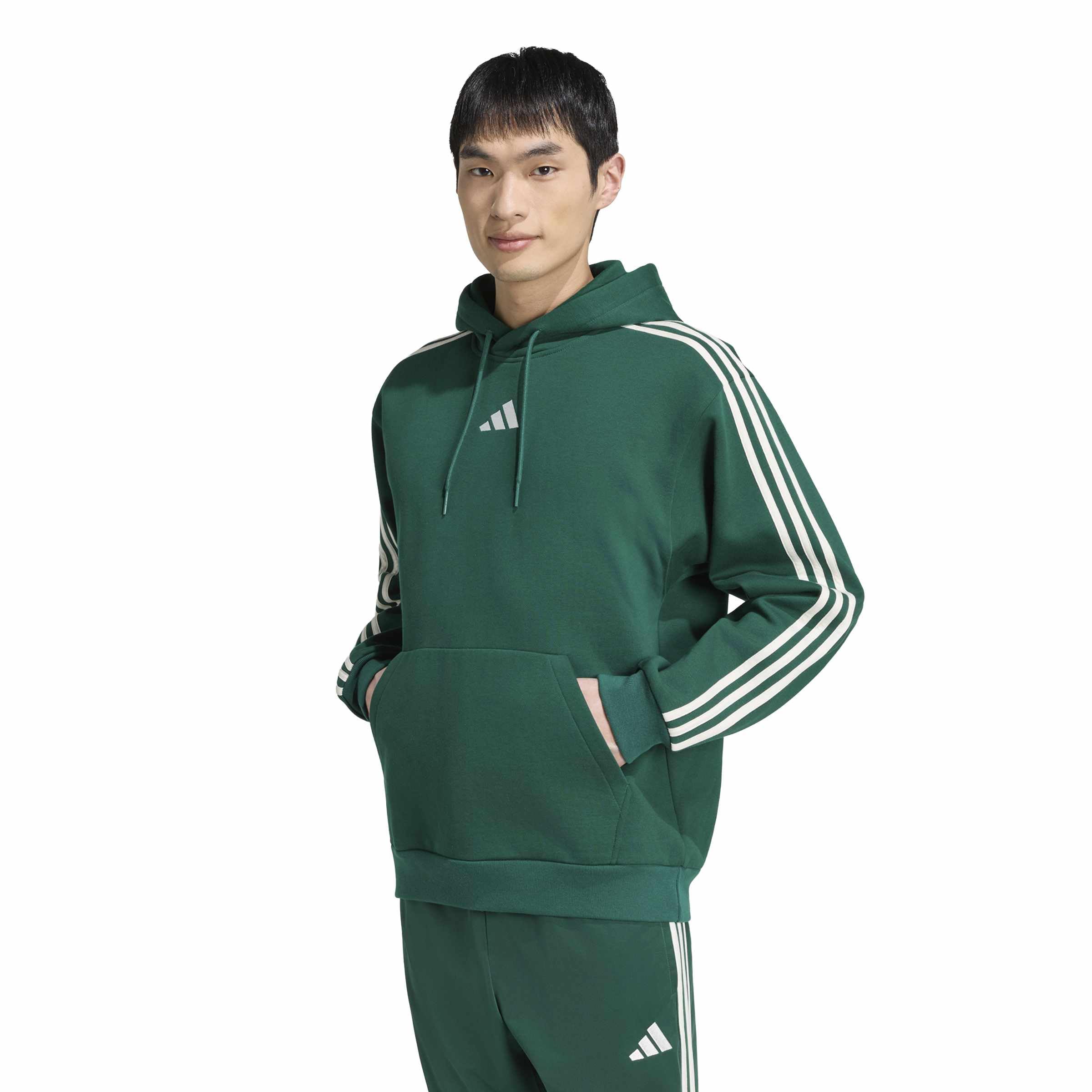 adidas Mezczyzni Essentials 3-Stripes Fleece Hoodie Sweatshirt, collegiate green/off white, XXL