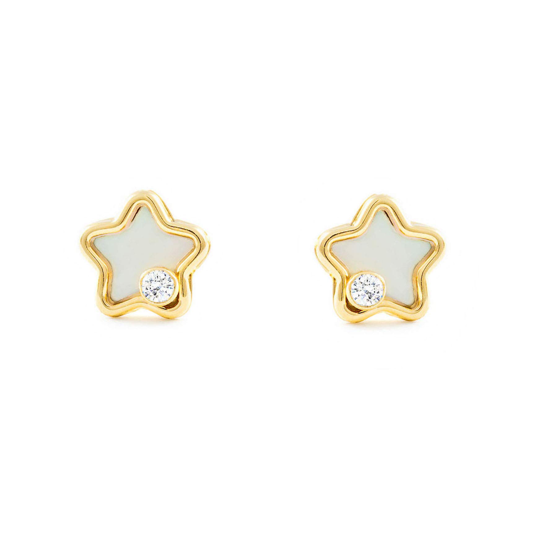 Monde Petit Pendientes Oro Bebe o Niña Estrella fondo nacar y circon (9kts) - Estuche Regalo - Certificado de Garantía - Mondepetit