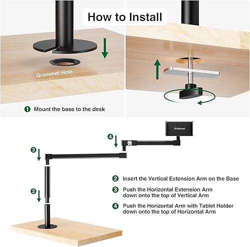 Miniatura 8 de elitehood Soporte de escritorio para iPad de brazo largo con base de montaje con ojales, soporte de aluminio resistente para tableta, soporte de