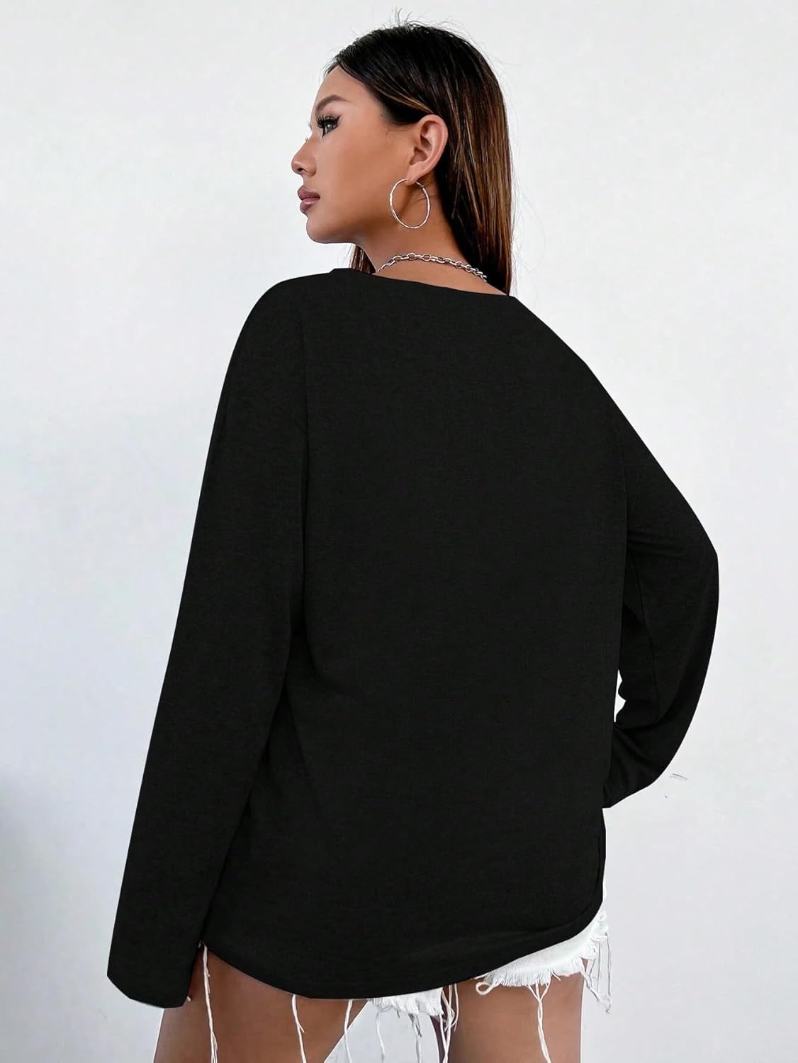 Casual Long Sleeve Deep V-Neck Loose Top for Women Lightweight Off Shoulder Sweater