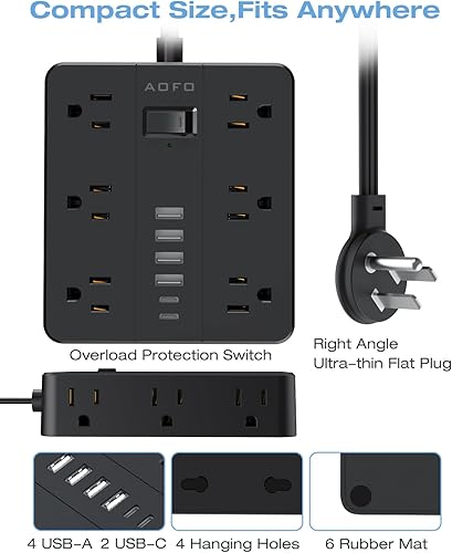 Miniatura 7 de Regleta de alimentación de enchufe plano, cable de extensión de 5 pies con 12 salidas y 6 puertos USB (4 USB-A, 2 USB-C), protector de