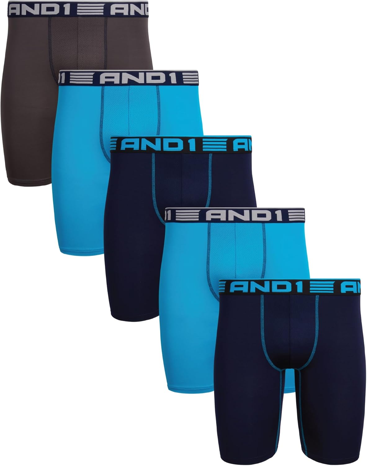 AND1 Mens Boxer Briefs - 5 Pack Performance Stretch Mens Underwear Long Leg Boxers for Men with Contour Pouch, 9" Inseam