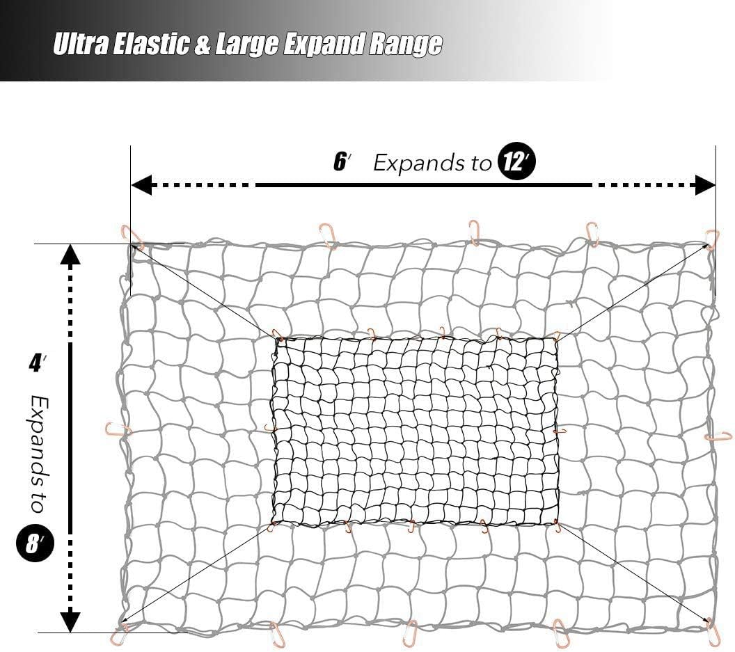 CZC AUTO Bungee Cargo Net 4x6Ft Truck Bed Net Stretches to 8x12Ft for Pickup Trailer RV SUV Boat |4Inch x 4Inch Mesh Net Holds Small and Large|12 Tangle Free Carabiners|Super Duty