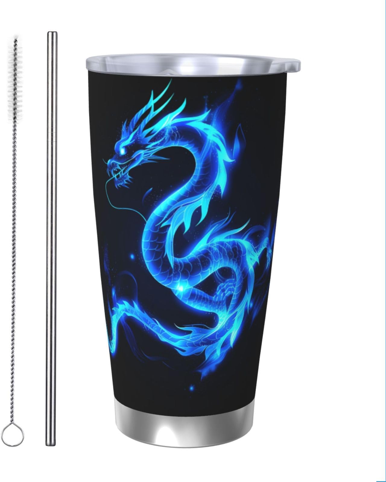 20oz Insulated Tumbler with Straw and Lid Stainless Steel Iced Coffee Cup Blue Glowing Dragon Leakproof Travel Mug Thermal Water Bottle Gift for Women Men