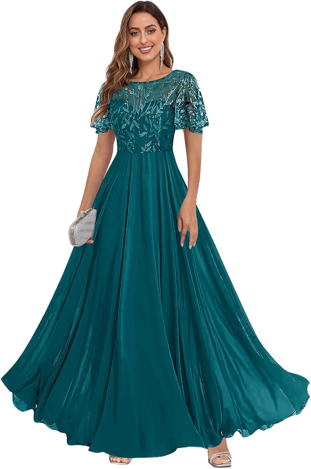 Fu Jiang Short Sleeve Sequin Mother of The Bride Dresses Chiffon A Line Pleated Long Formal Evening Dress with Pockets